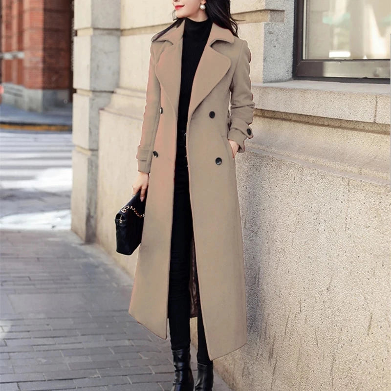 Korean Fashion Long Coated Thickened Woolen Coat for Women Black Coat Harajuku