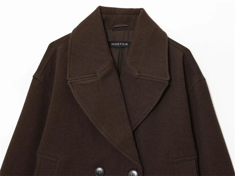 Deep Brown Long Sleeve Double-breasted simple Short Coat