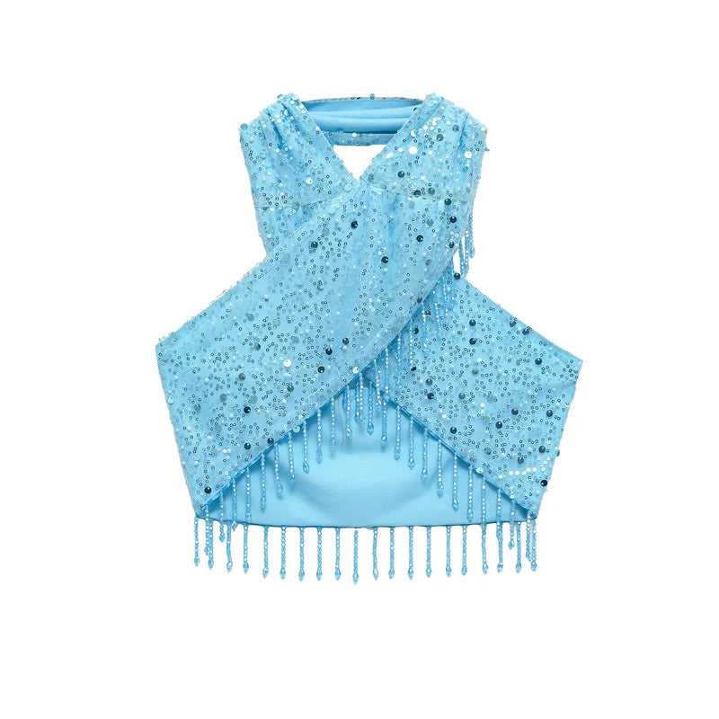 Women's Blue Halterneck Collar Pearl Fringe Sequin Top Skirt Suit Sexy Fashion Personality