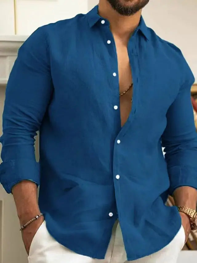 Solid Color Cotton Linen Plain Classic Button-up Lapel Long Sleeve Shirts