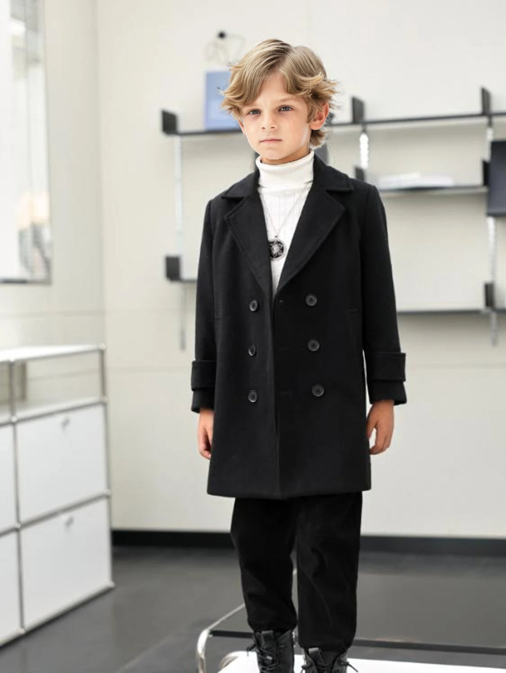 Handsome Boys British Style Winter Wool Long Coat 3-15Y