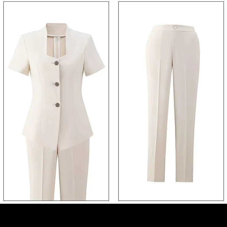 Women's Professional  Suit Set Short-Sleeve Formal Suit with Long Pants