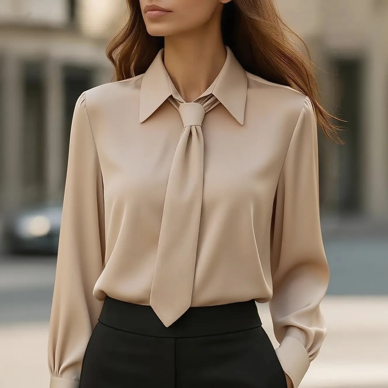 Elegant Plain Modern Casual Long Sleeve Dressy Satin Shirt