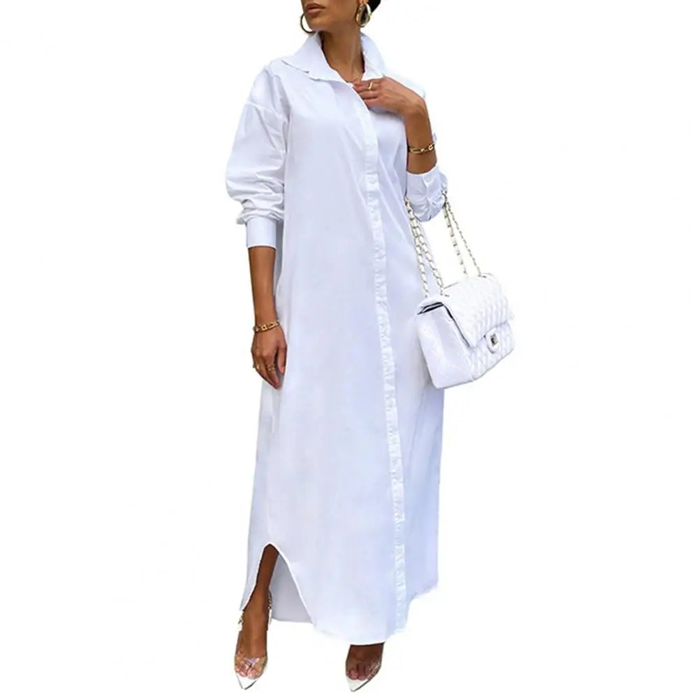 Women Windproof Dress Versatile Hem Solid Color Shirt Long Dress