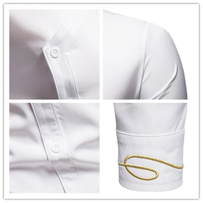 Men's Irregular Oblique Button Up Dress Elegant Embroidery Shirts