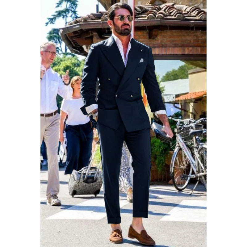 Two-piece Slim Fit Solid Color Double Breasted Spike Lapel