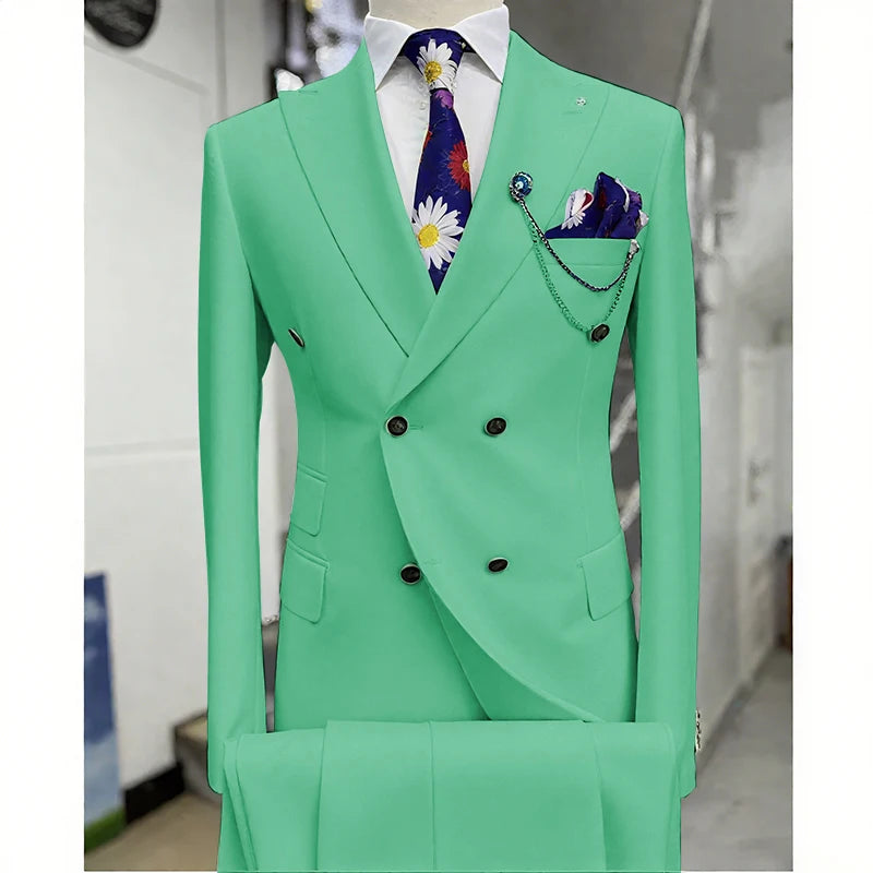 Suits for Men 2 Piece Solid Color Formal Business Casual Male Suit Fashion Peak Lapel Double Breasted Wedding Groom Tuxedo