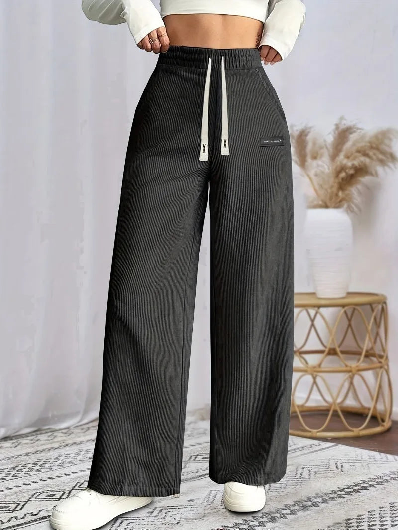 Women's Solid Tapered Trousers - Soft Comfortable All-Season Casual Pants with Drawstring Waist & Cuffed Hem Straight-Leg Design