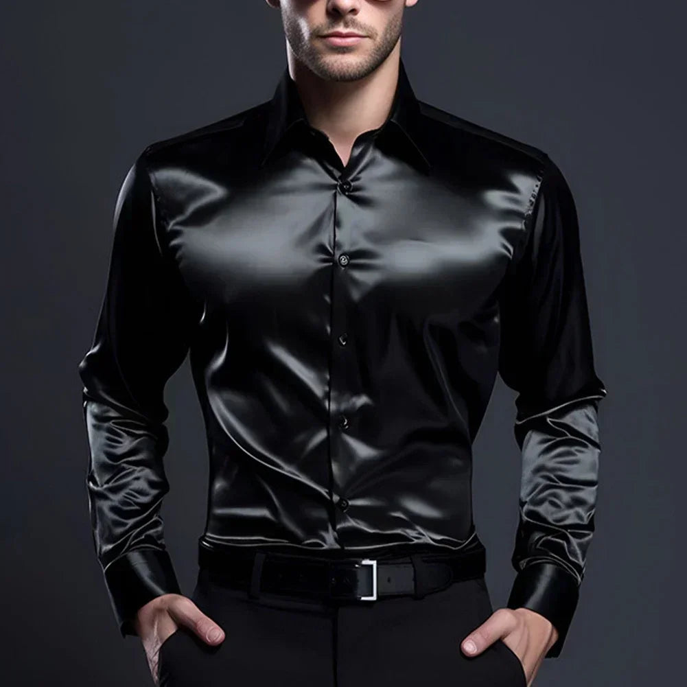 Elegant Slim Fit Long Sleeve Satin Silk Dress Shirt