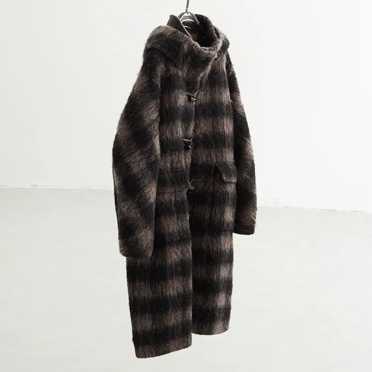Plaid Coat~ Retro Style Horn Button Mid-Length Coat Women's Alpaca Wool British Style