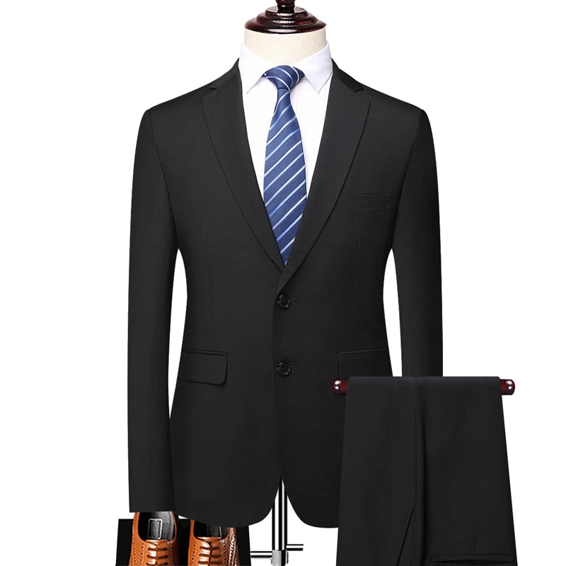 Suit (Blazer+ Pants) Fashion Men Outdoor Business Casual British Style Solid Color