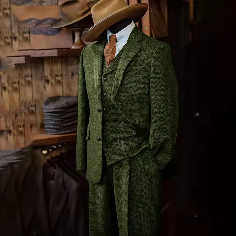 3 piece Slim Fit Herringbone Pattern Single Breasted Suits