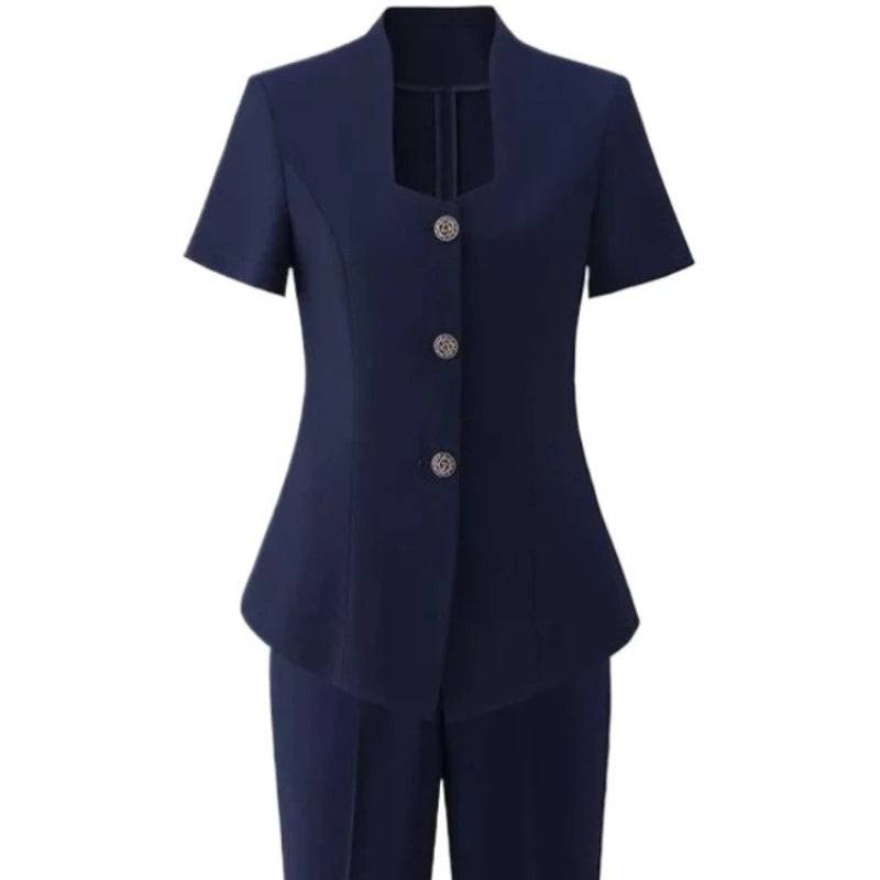 Women's Professional  Suit Set Short-Sleeve Formal Suit with Long Pants