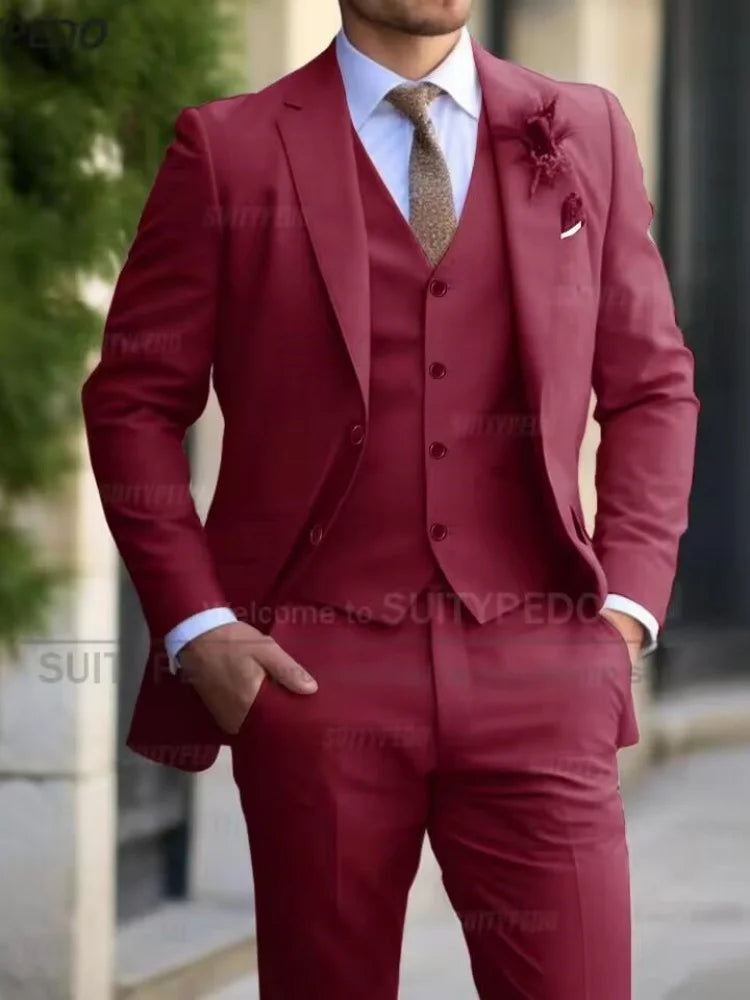 Slim Fit Suit Sets For Men Wedding Banquet Groomsman Elegant Formal Vest Pants Three Pieces Fashion Male Classic Outfits