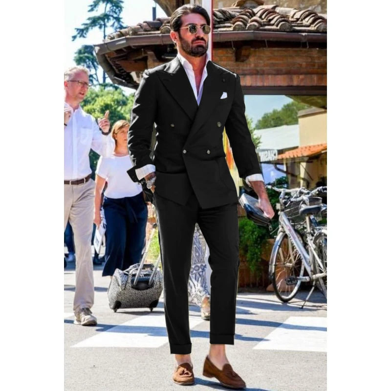 Two-piece Slim Fit Solid Color Double Breasted Spike Lapel