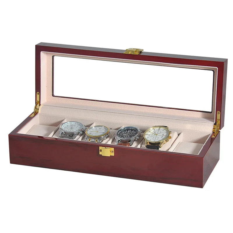 Wooden Luxury Watch Box 2/3/5/6/10/12 Slots Red Boxes Stoving Varnish Home Jewelry  Storage  Organizer  Transparent Glass Show