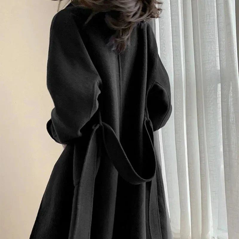 Winter Korean Coat, Long Coated Thickened Woolen Winter Black Coat Harajuku