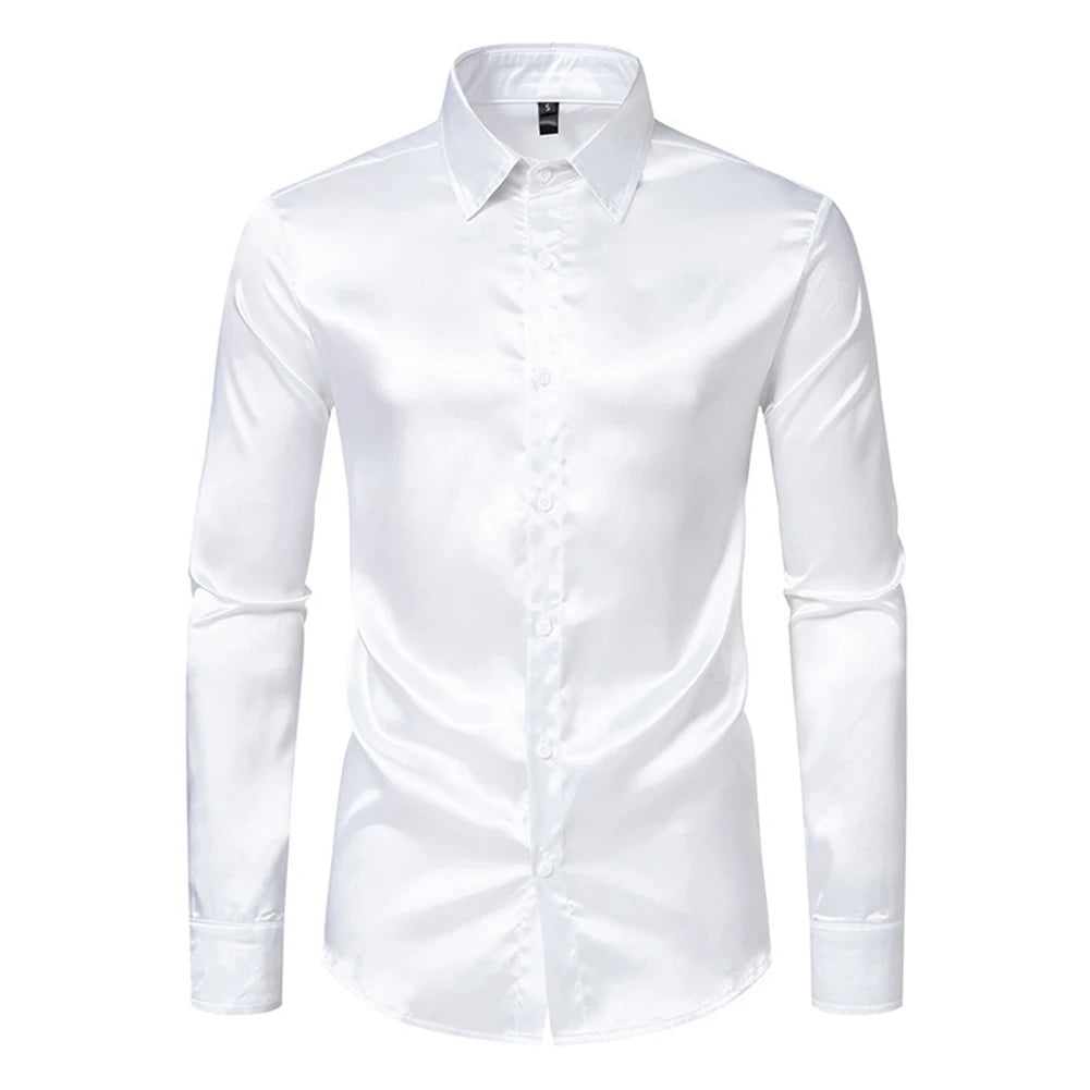 Slim Fit Single Breasted Button Lapel Collar Casual Satin Silk Dress Shirt