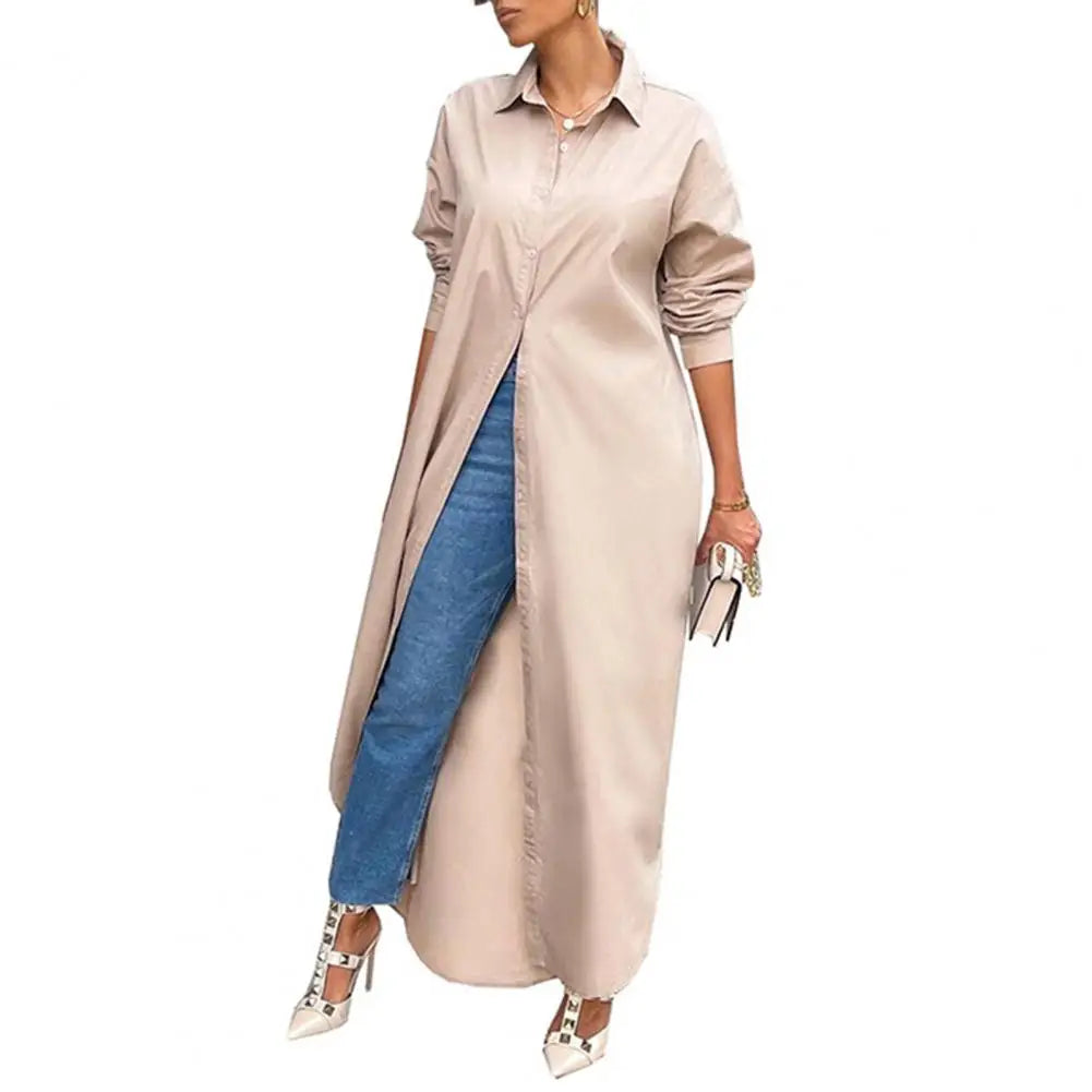 Women Windproof Dress Versatile Hem Solid Color Shirt Long Dress