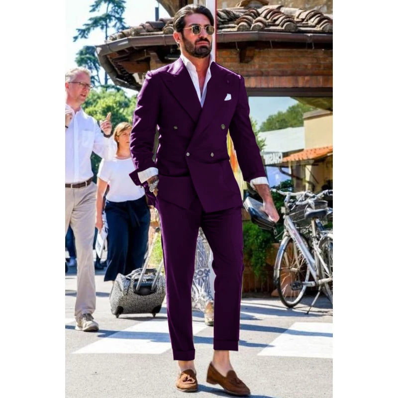 Two-piece Slim Fit Solid Color Double Breasted Spike Lapel