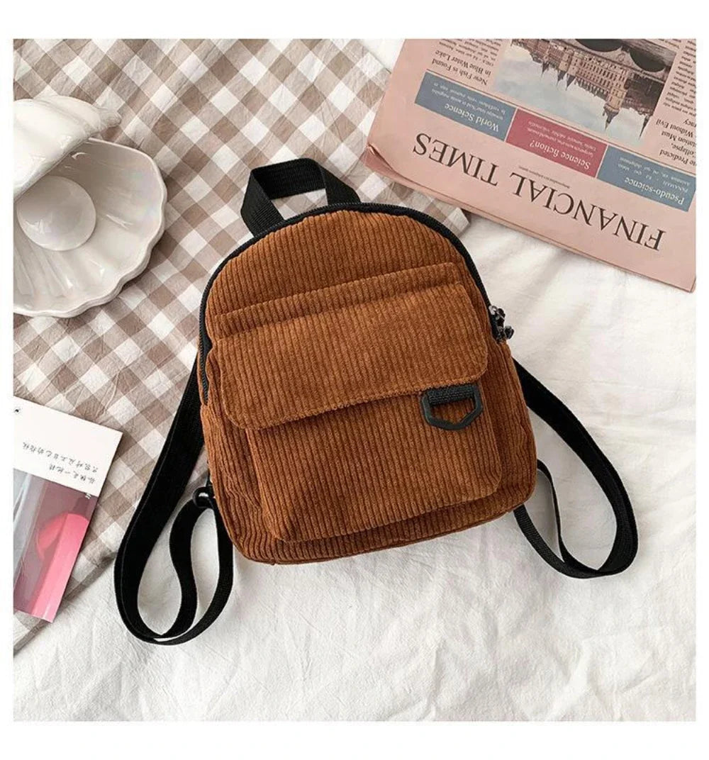 Women's Mini Backpack Fashion Solid Color Corduroy Small Simple Casual Traveling Large Capacity Durable Female's Schoolbag