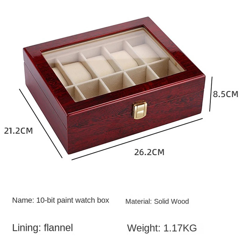 Wooden Luxury Watch Box 2/3/5/6/10/12 Slots Red Boxes Stoving Varnish Home Jewelry  Storage  Organizer  Transparent Glass Show