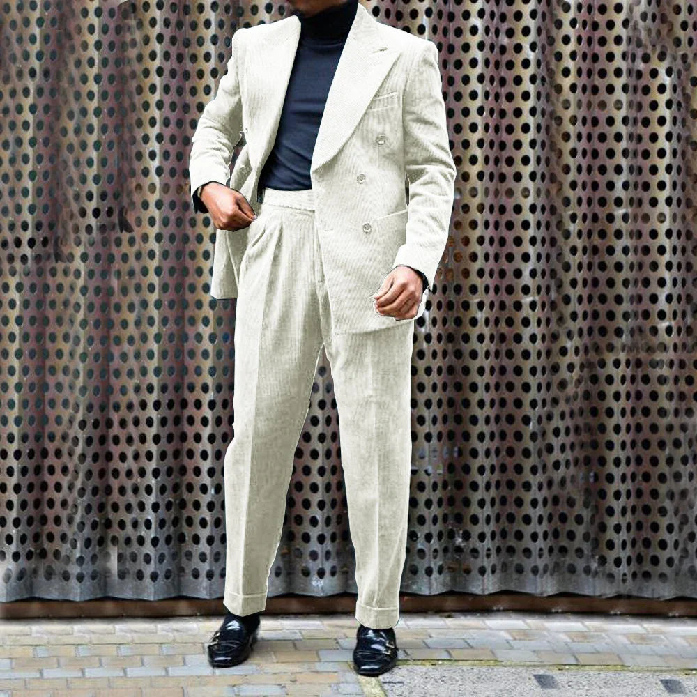 Men's Corduroy Suit Peak Lapel 2 Piece Jacket + Pants Double Breasted Best Party Casual Men's Wedding Outfit Full Suit
