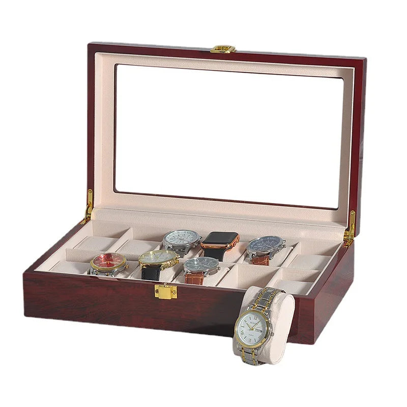 Wooden Luxury Watch Box 2/3/5/6/10/12 Slots Red Boxes Stoving Varnish Home Jewelry  Storage  Organizer  Transparent Glass Show