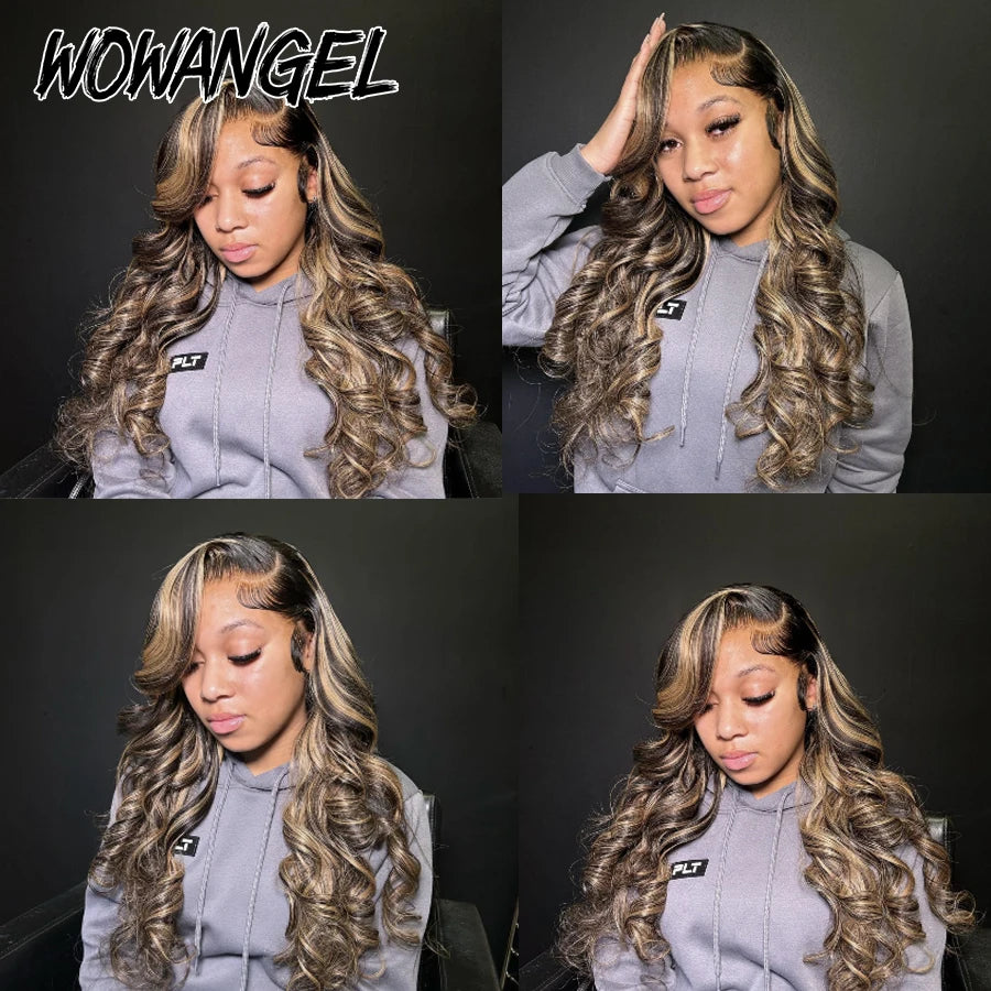 Wow Angel 1BJ27# Highlight Body Wave 13X6 HD Lace Front Wigs Pre Plucked Skinlike 13x4 HD Lace frontal human hair wig For Woman
