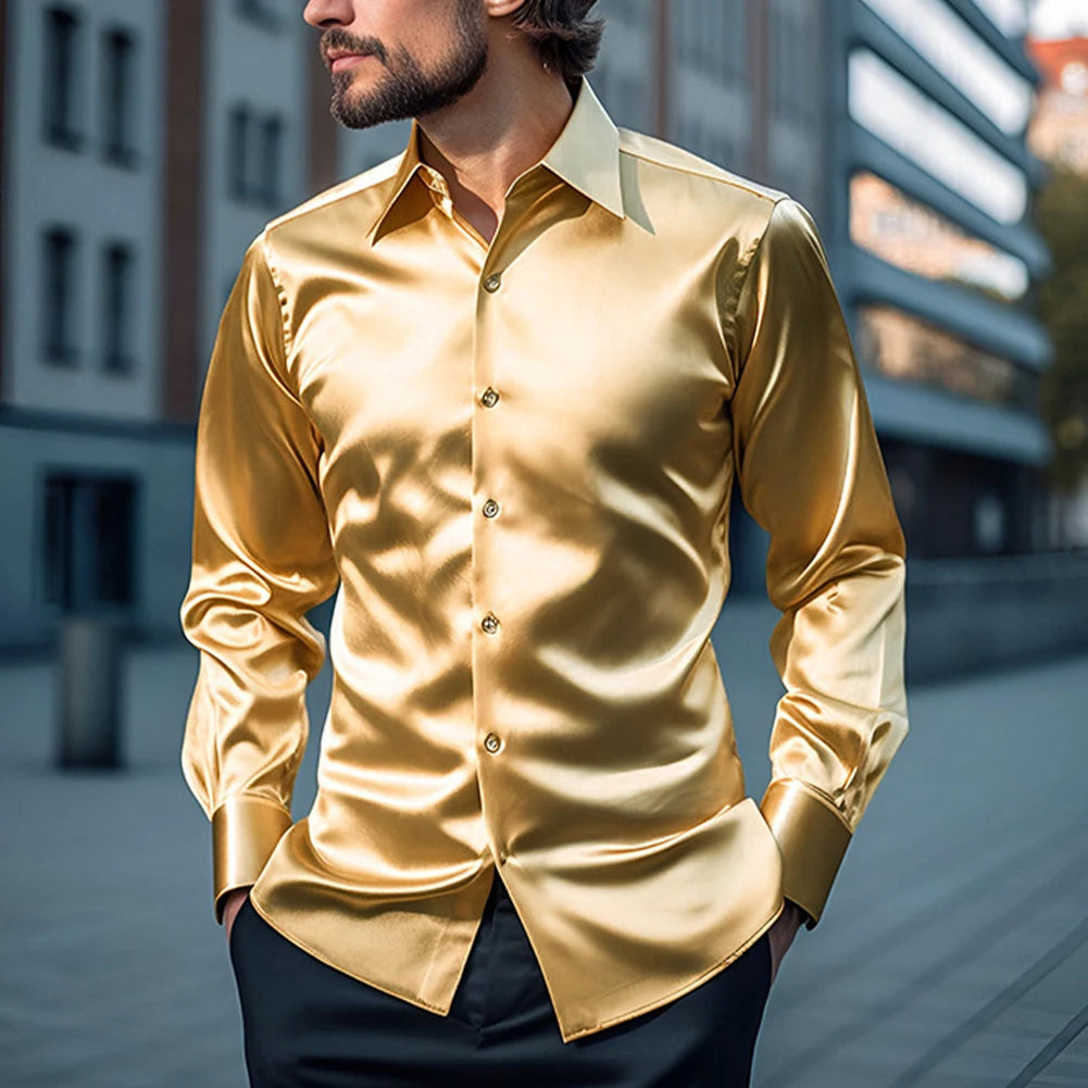 Slim Fit Single Breasted Button Lapel Collar Casual Satin Silk Dress Shirt