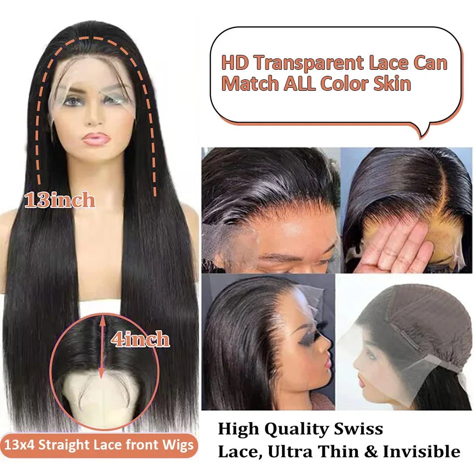 42 44 Inch Lace Front Human Hair Wigs 13x4 13x6 Transparent Lace Bone Straight Wig Brazilian 250 Density Frontal Wigs For Women