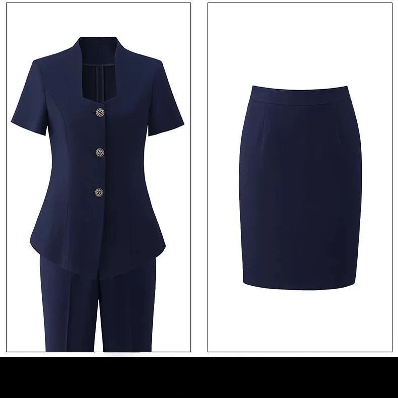 Women's Professional  Suit Set Short-Sleeve Formal Suit with Long Pants