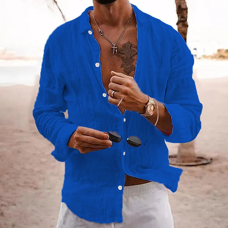 Men's shirt, solid color, loose-fitting, single-breasted, turn-down collar, cotton-linen long-sleeved top