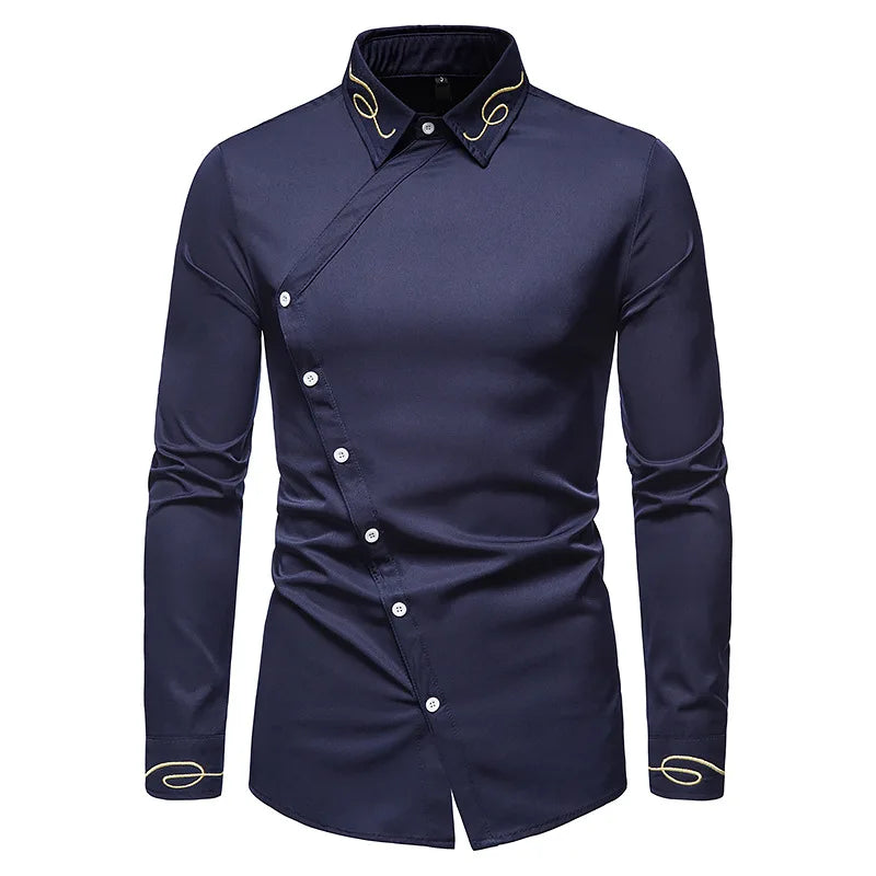 Men's Irregular Oblique Button Up Dress Elegant Embroidery Shirts