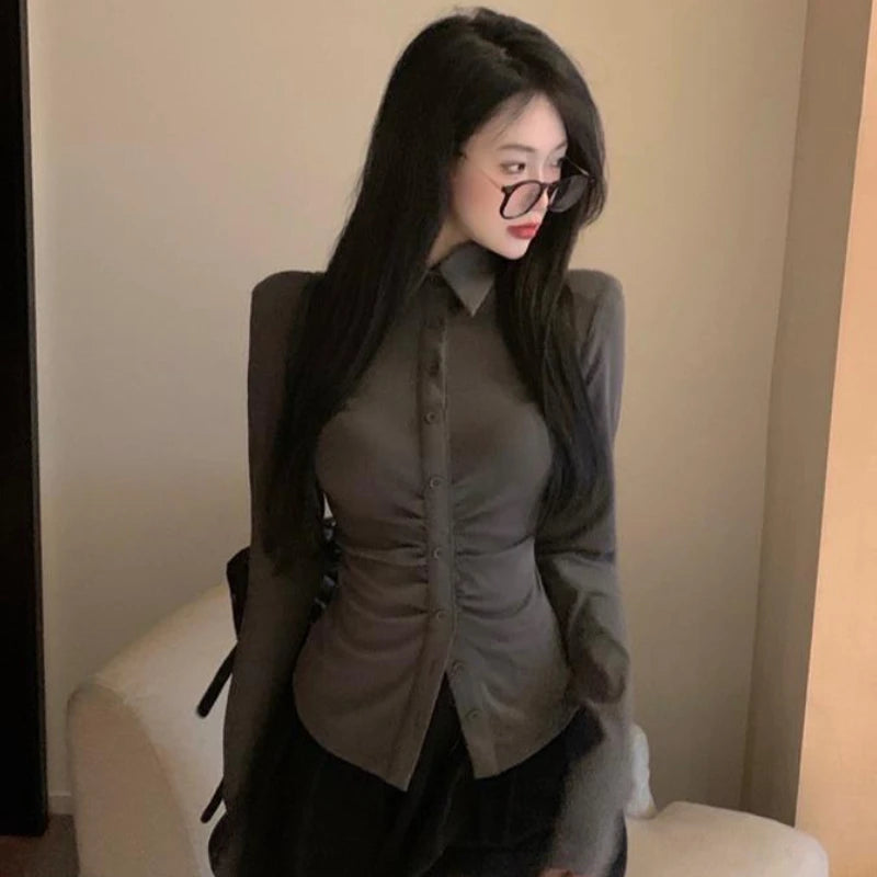 Solid Shirts Skinny Sexy Temperament Long Sleeve Camisas Tops