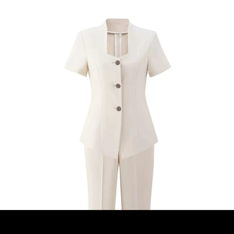 Women's Professional  Suit Set Short-Sleeve Formal Suit with Long Pants
