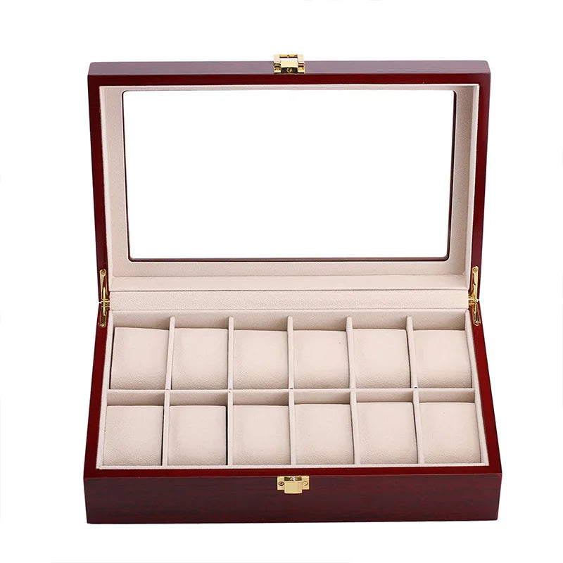 Wooden Luxury Watch Box 2/3/5/6/10/12 Slots Red Boxes Stoving Varnish Home Jewelry  Storage  Organizer  Transparent Glass Show