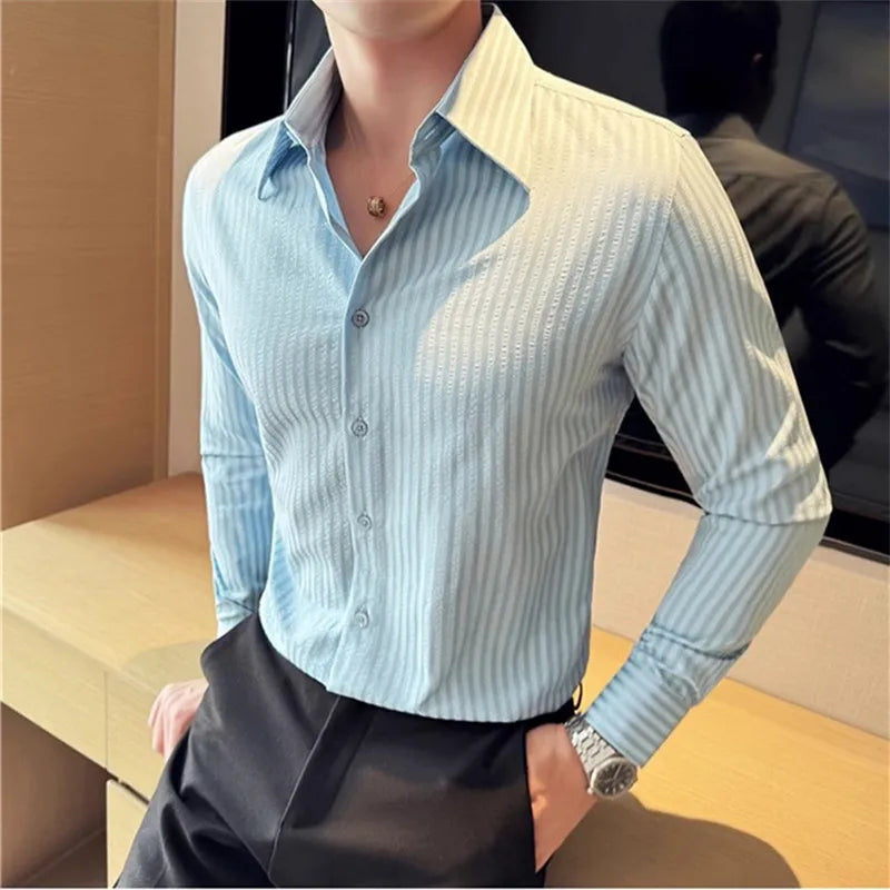 Long Sleeve Striped Smart Casual Turn Down Collar Slim Fit Shirts