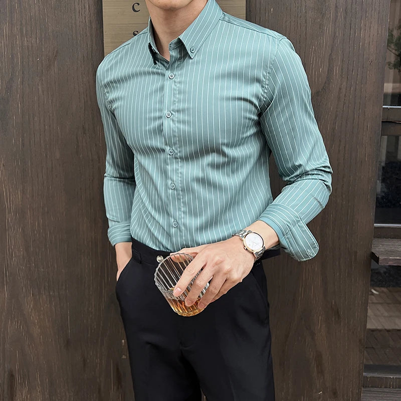 Striped Shirts Long Sleeved Elastic Slim Fit Dress Shirt for Men