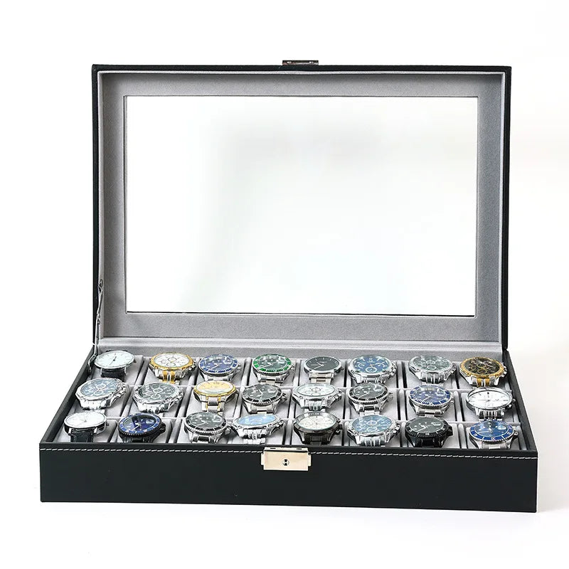 New 24 Slots Watch Storage Box PU Leather Wooden Watch Box Organizer 24 Grids Watch Display Case Jewelry Box for Watches Gifts