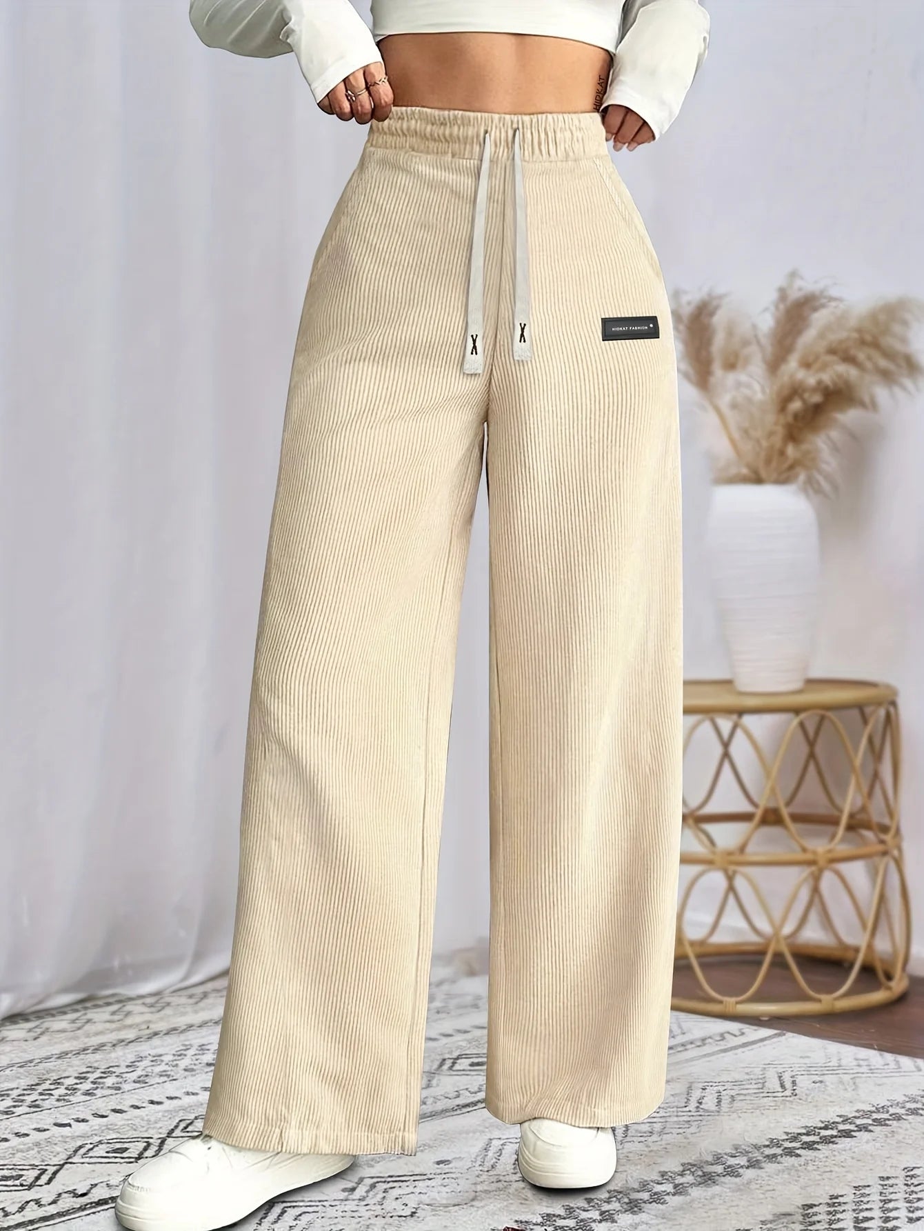 Women's Solid Tapered Trousers - Soft Comfortable All-Season Casual Pants with Drawstring Waist & Cuffed Hem Straight-Leg Design