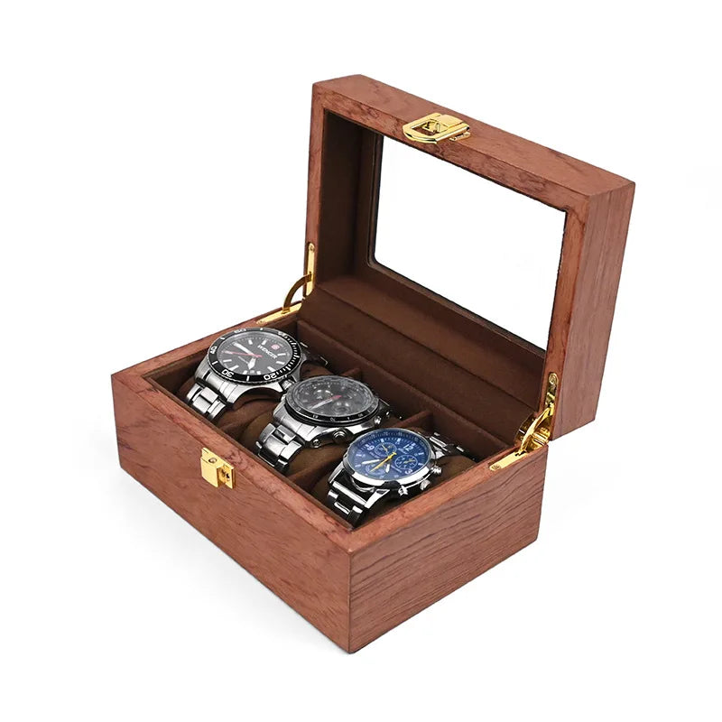 European Vintage Watch Box Organizer Inner Velvet Wood Watch Case Gold Tone Locking Mechanism Custom Logo Secure Display Storage