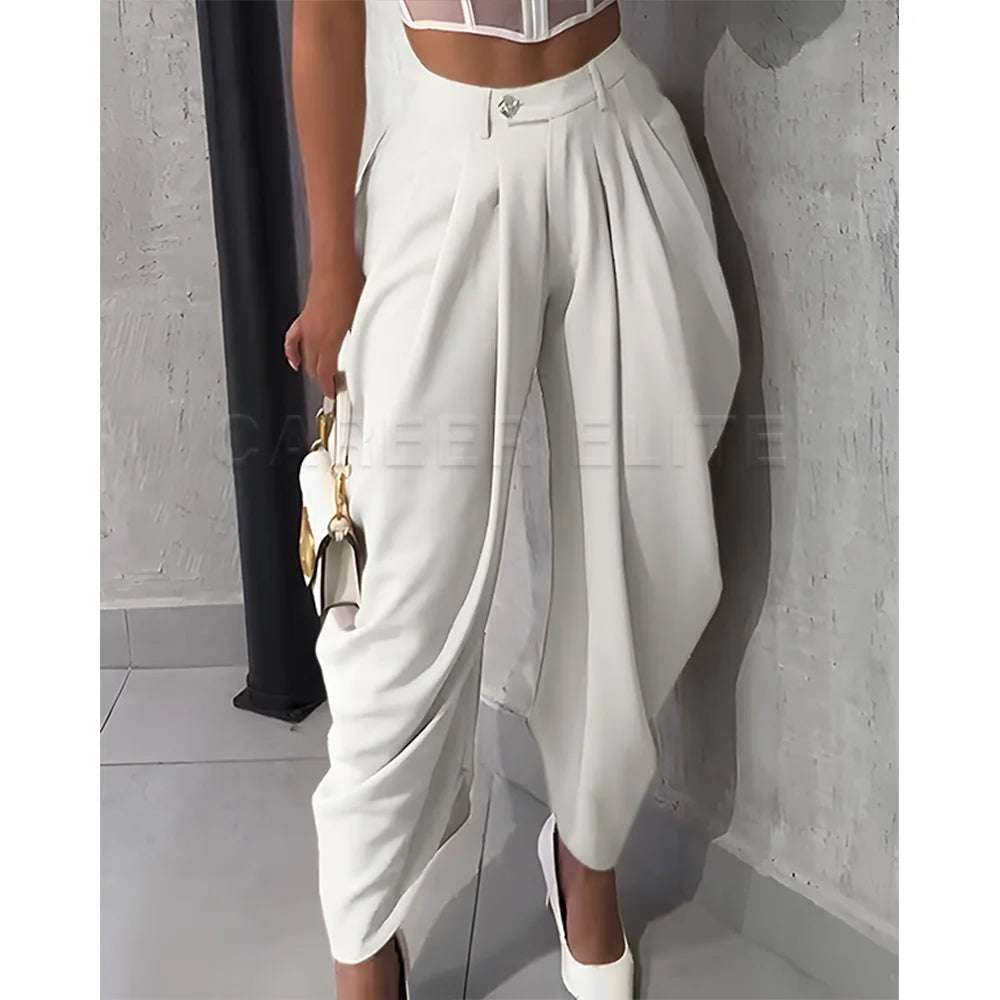 Crotch Trousers Chic White Drape Casual Elegant Pants