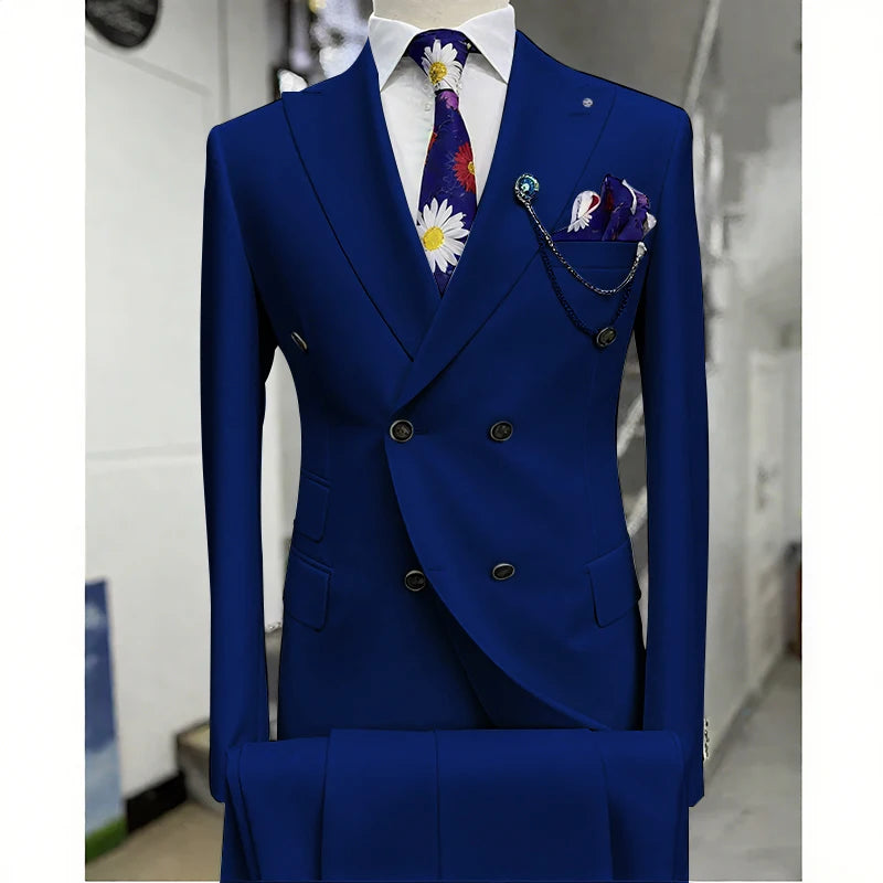 Suits for Men 2 Piece Solid Color Formal Business Casual Male Suit Fashion Peak Lapel Double Breasted Wedding Groom Tuxedo