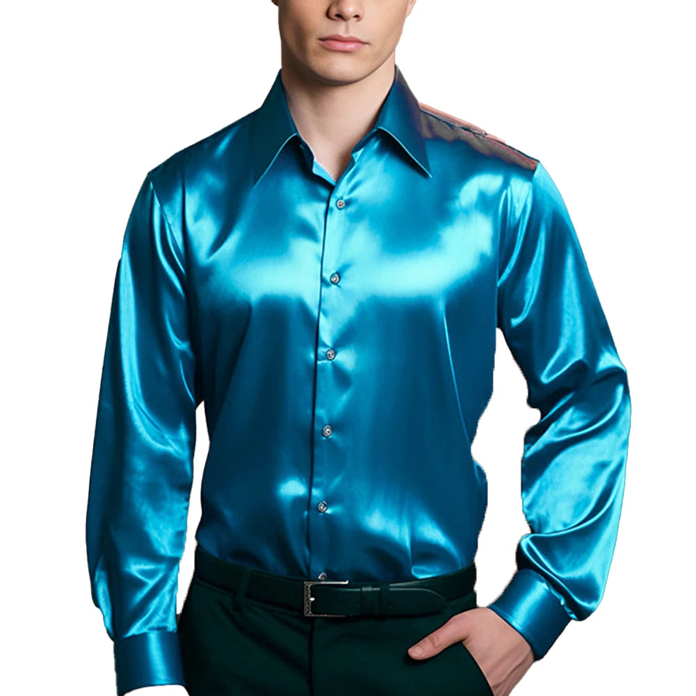 Slim Fit Single Breasted Button Lapel Collar Casual Satin Silk Dress Shirt