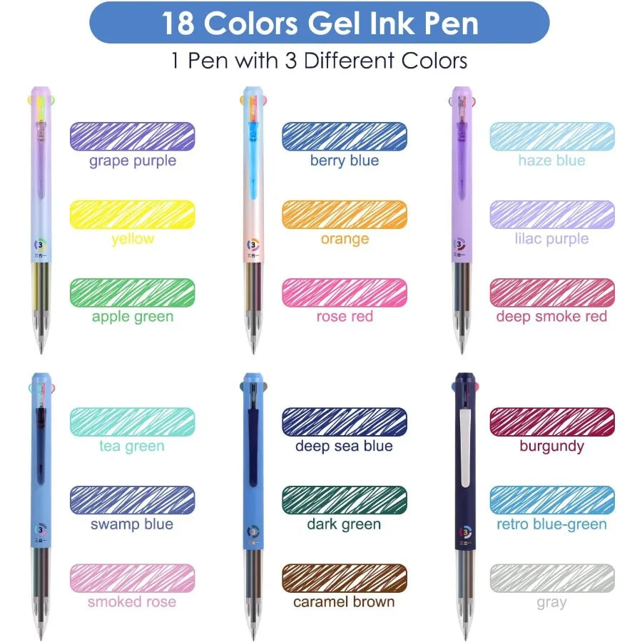 6Pack Multicolor Pens0.5mm 3in1 Multicolor Gel Ink Pen 18 Colors Retractable Gel Ink Pens for Office School Supplies