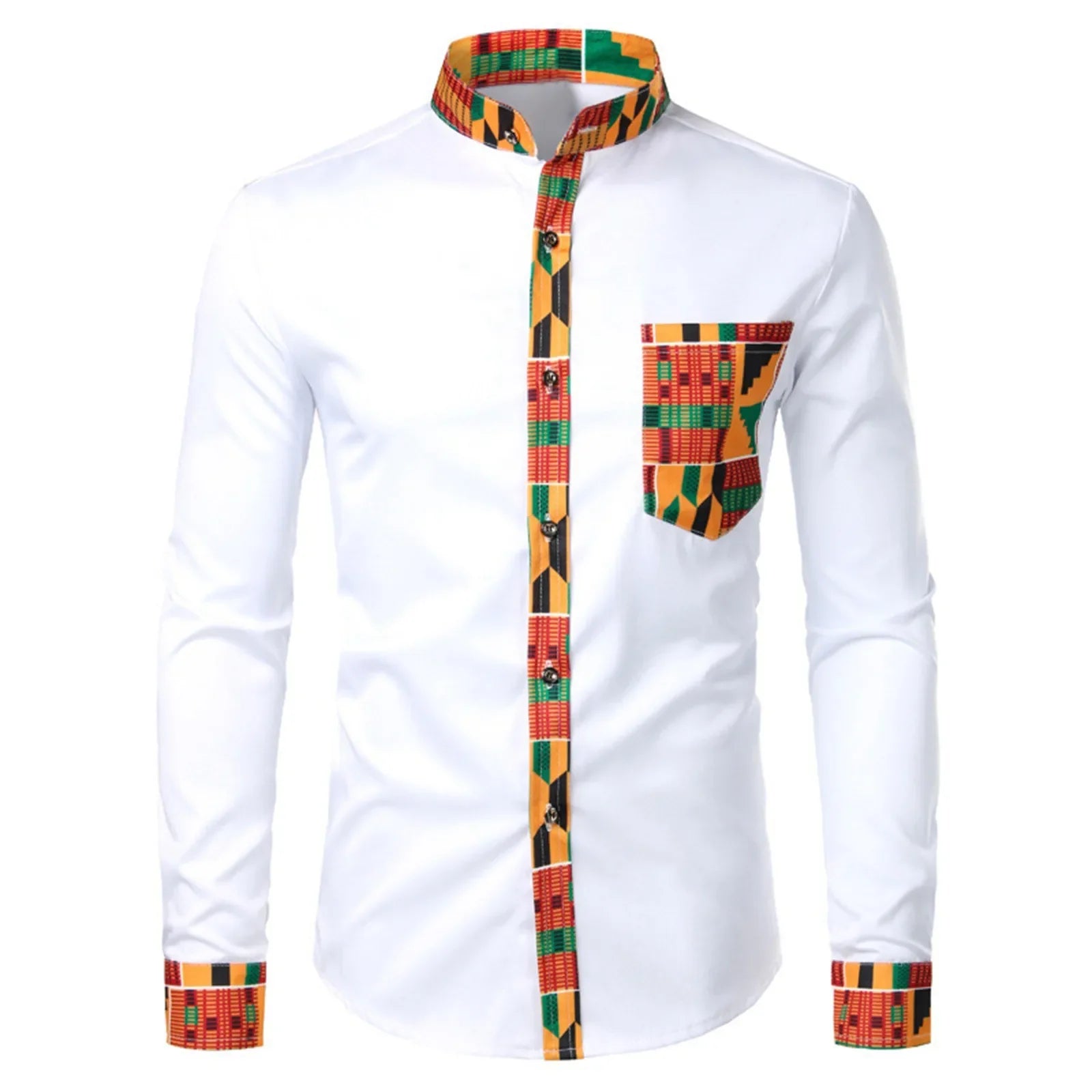 African Style Long Sleeve Printed Patchwork Design Button Up Shirt