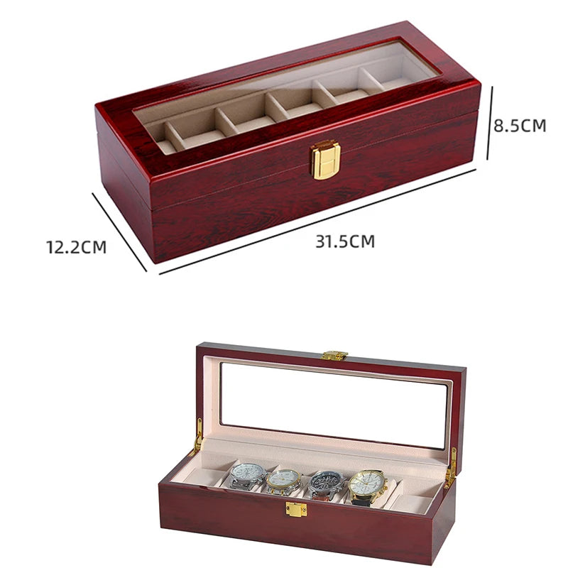 Wooden Luxury Watch Box 2/3/5/6/10/12 Slots Red Boxes Stoving Varnish Home Jewelry  Storage  Organizer  Transparent Glass Show