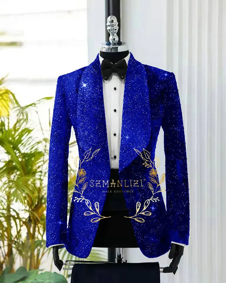 Men's Suit 2 Pieces Shiny Black Blazer Pants One Button Shawl Lapel Slim Fit Formal Groom Wear Wedding Party Costume Homme