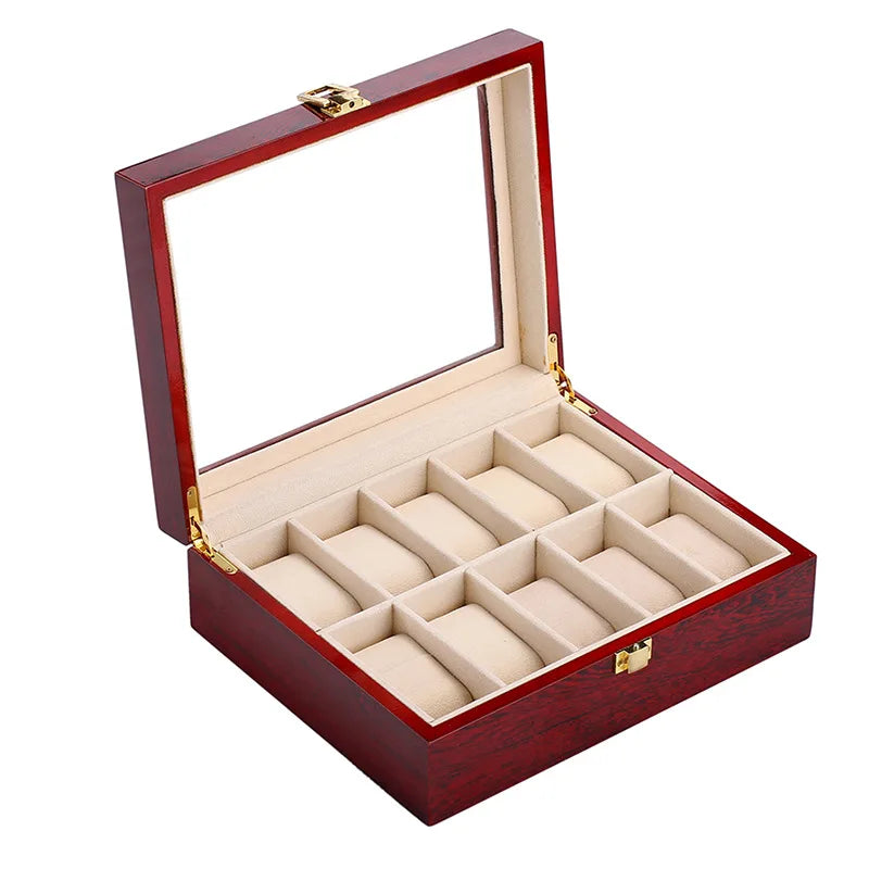 Wooden Luxury Watch Box 2/3/5/6/10/12 Slots Red Boxes Stoving Varnish Home Jewelry  Storage  Organizer  Transparent Glass Show